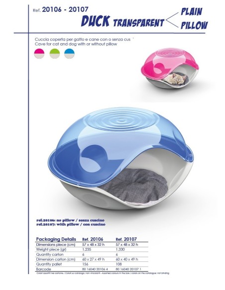 Cuccetta Duck Plastica Trasparente con Cuscino per Cane Gatto-www.ronnypet.it/shop